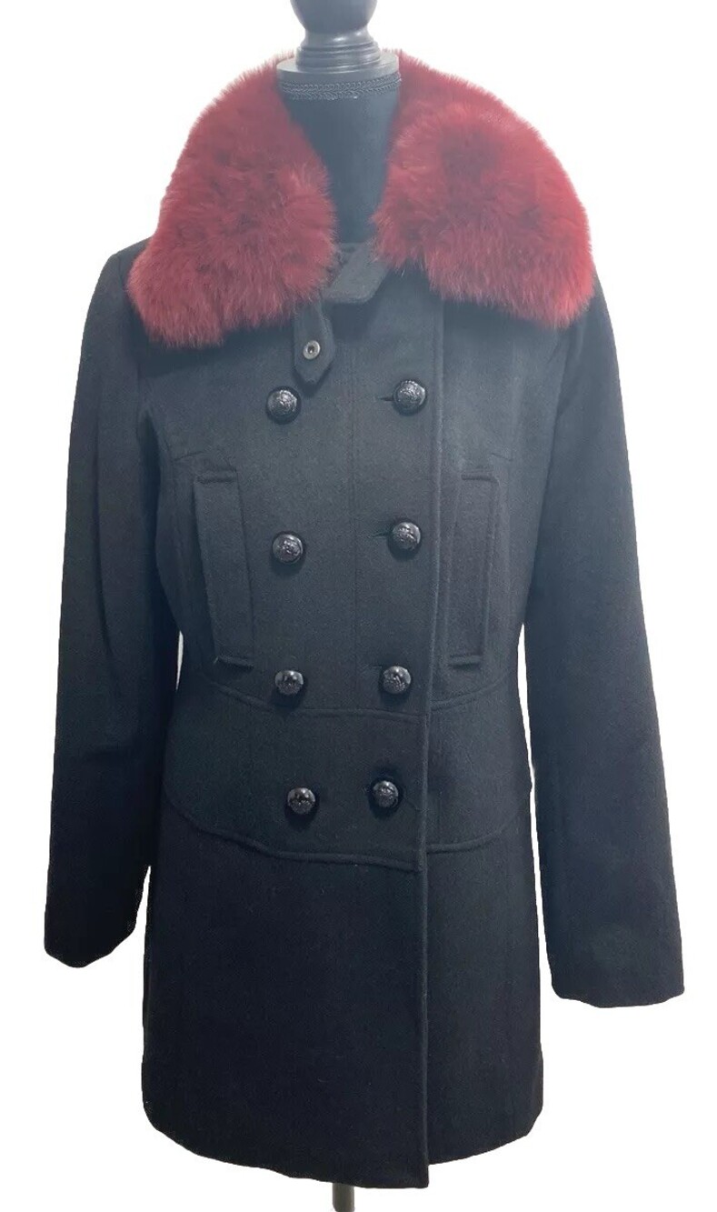 HILARY RADLEY 3/4 LENGTH BLACK WOOL COAT W/DETACHABLE RED FOX FUR COLLAR SIZE 8